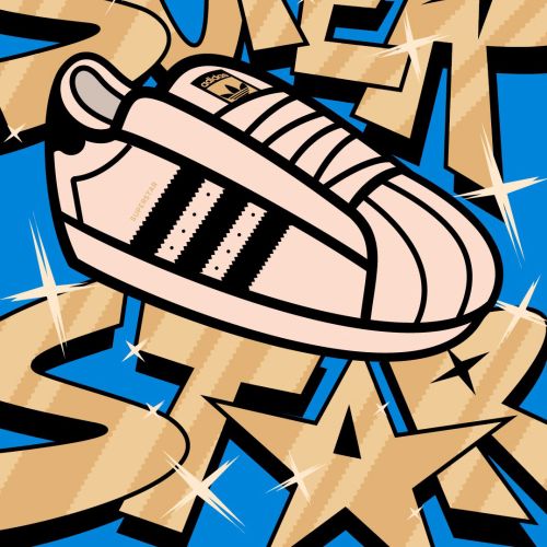 Cartoon sneaker with graffiti text and star shapes on blue background