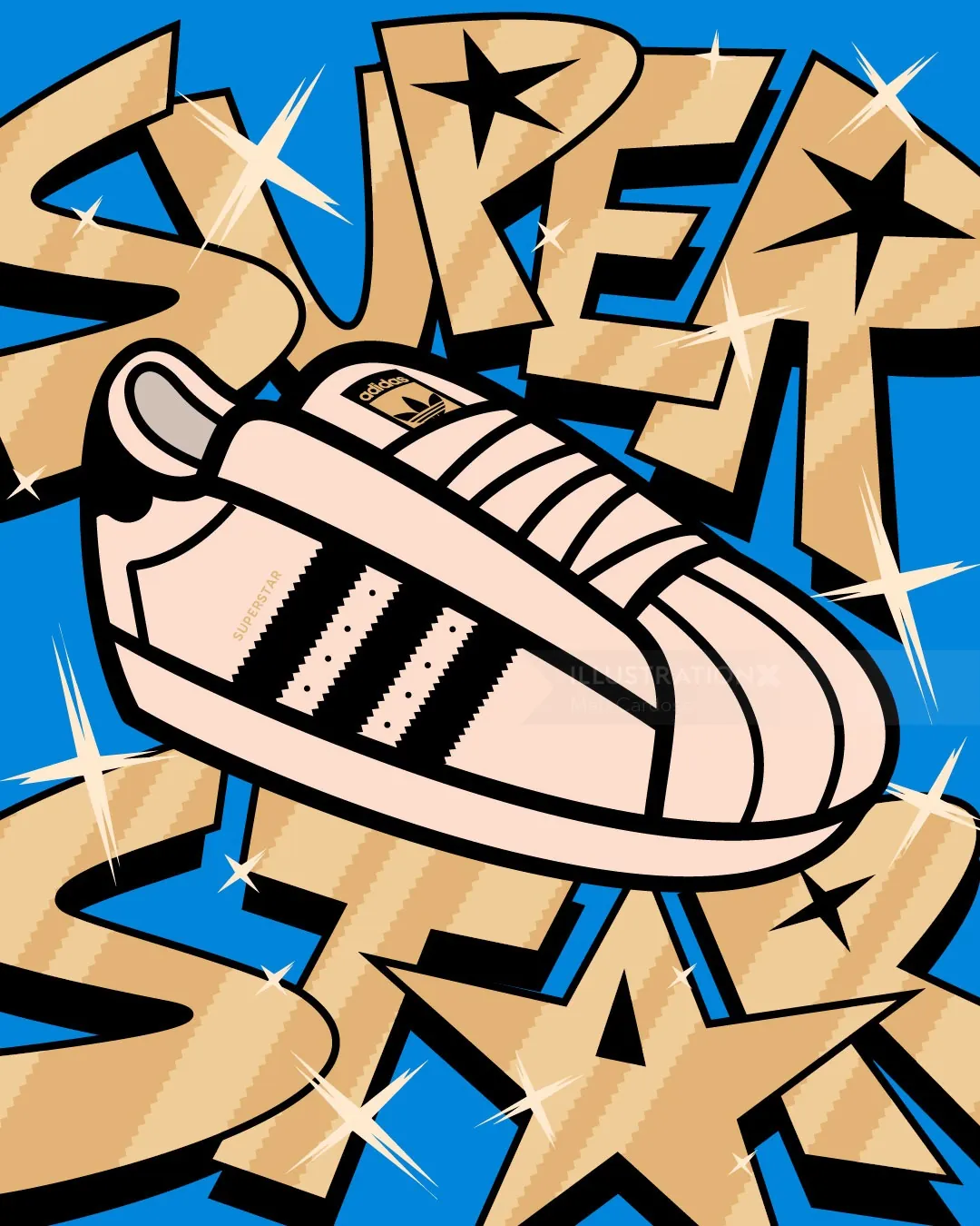Baskets de dessin animé avec texte graffiti et formes d'étoiles sur fond bleu