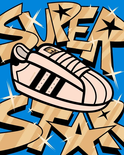 Cartoon sneaker with graffiti text and star shapes on blue background