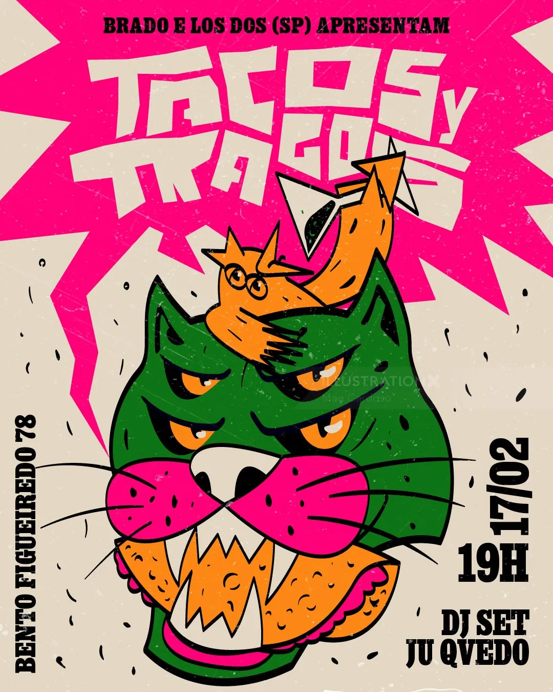 Three-eyed green cat illustration on bright pink background Tacos y Tragos poster
