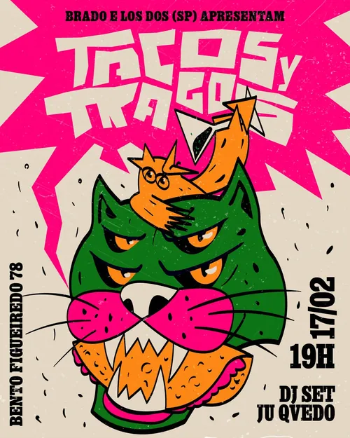 Three-eyed green cat illustration on bright pink background Tacos y Tragos poster