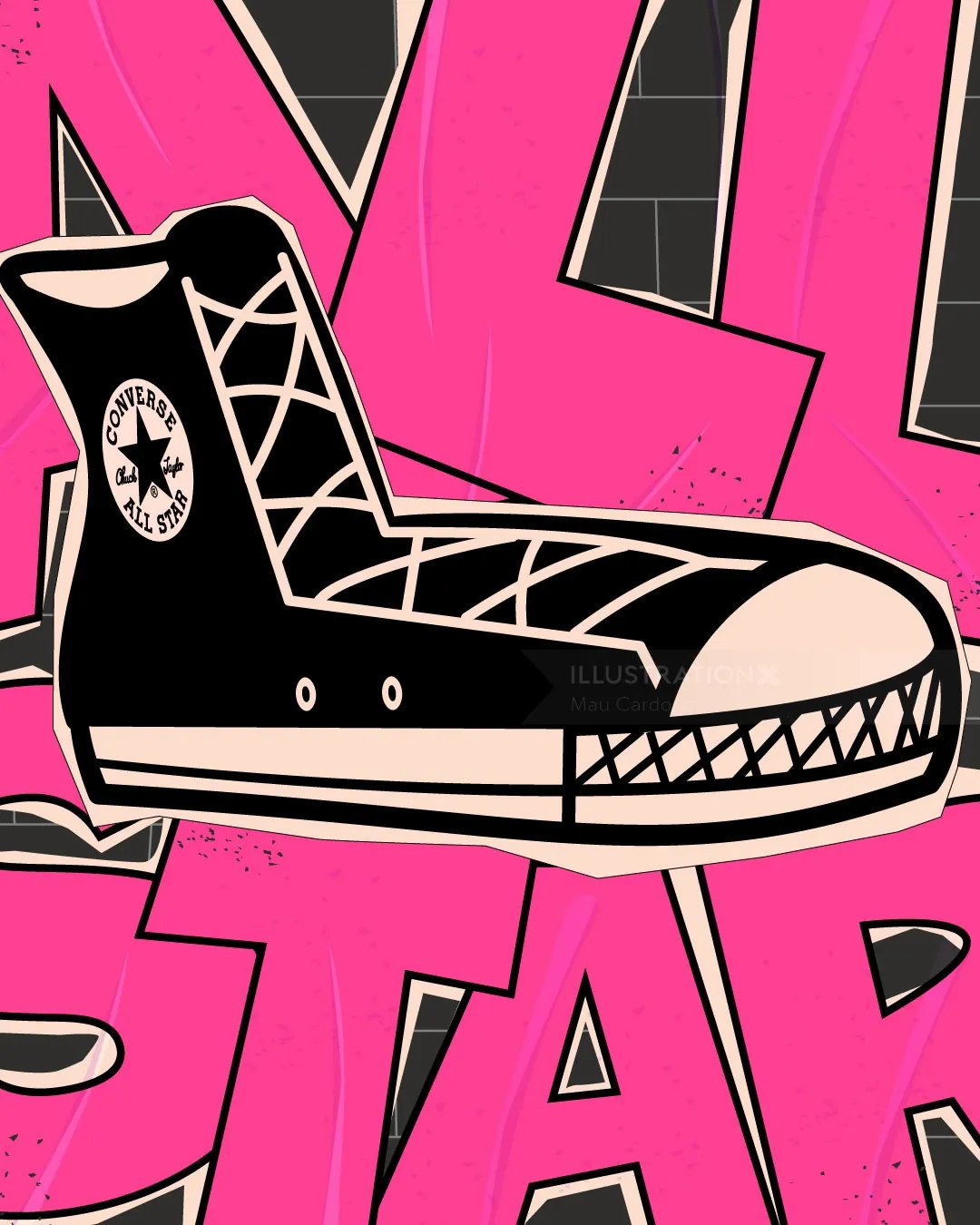 Black high-top sneaker illustration with pink background