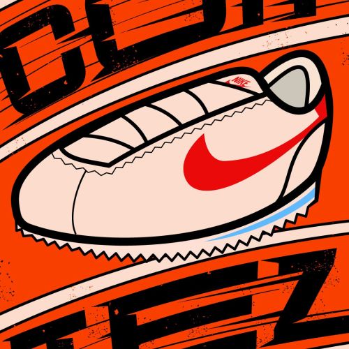 Nike Cortez sneaker illustration with red swoosh on orange background