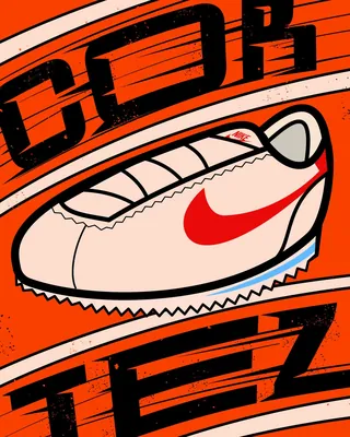 Nike Cortez sneaker illustration with red swoosh on orange background