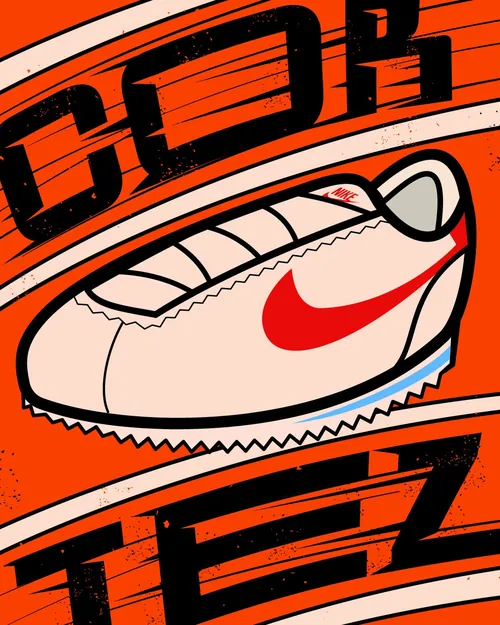 Nike Cortez sneaker illustration with red swoosh on orange background