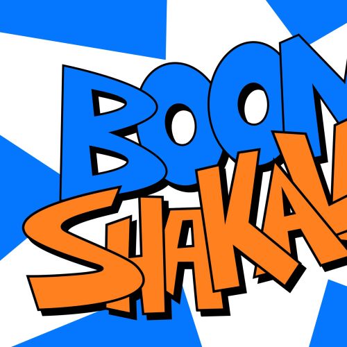 Boom Shakalaka comic text in blue and orange on starburst background
