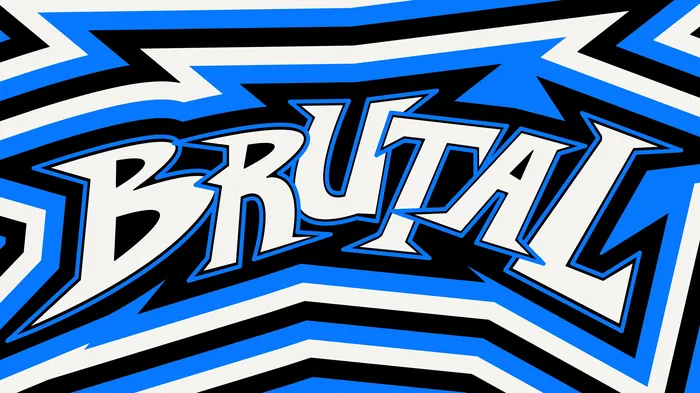 Graffiti-style text 'BRUTAL' in bold blue and black design