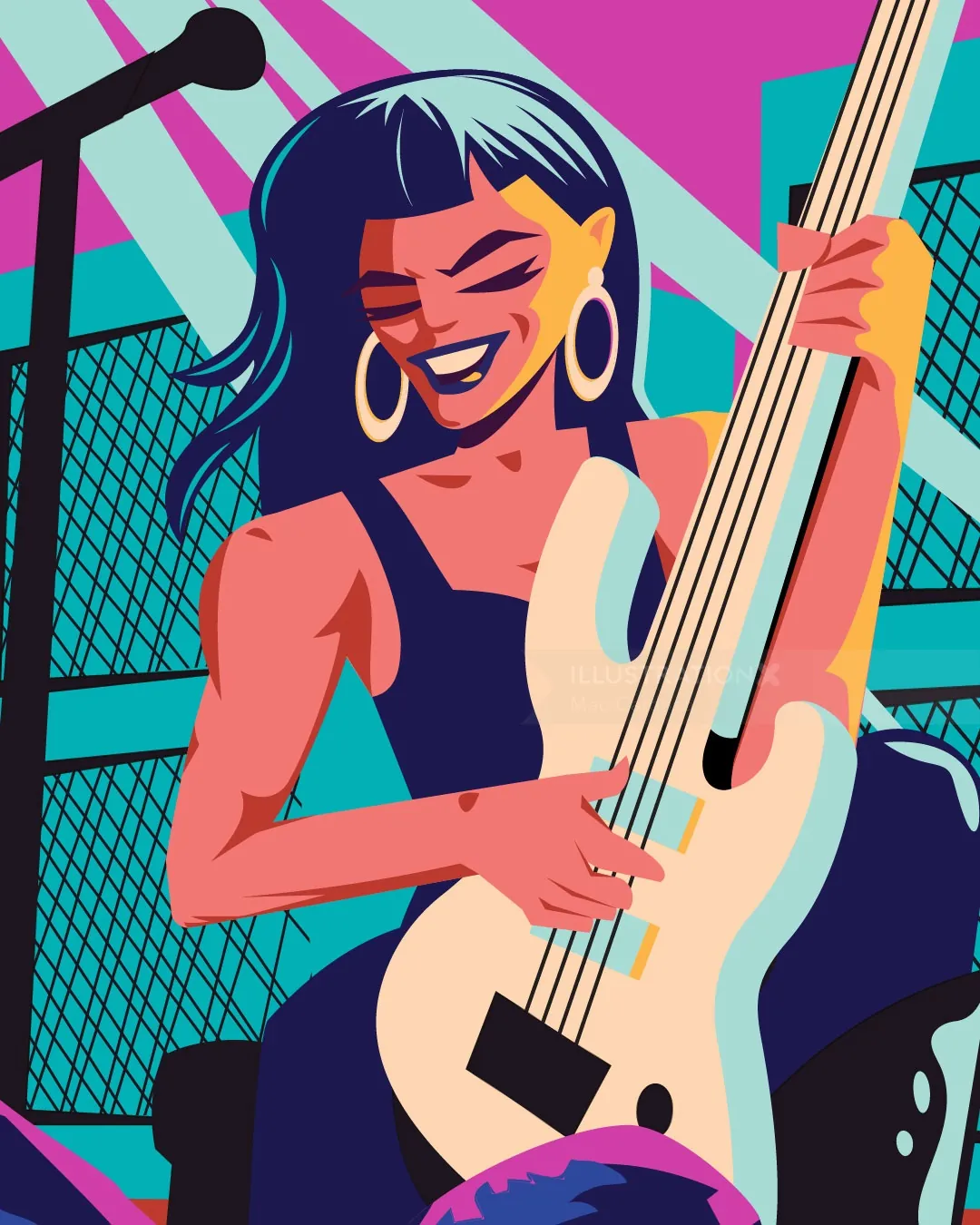 Mujer con pendientes de aro tocando un bajo eléctrico blanco en el escenario
