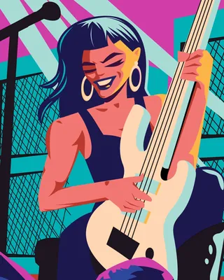 Woman with hoop earrings playing white electric bass guitar on stage