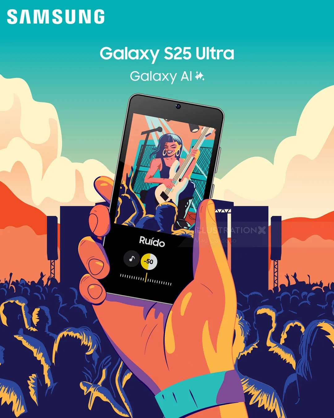 Person holding Samsung Galaxy S25 Ultra with noise cancellation on screen
