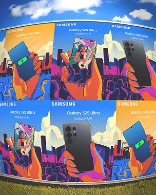 Samsung Galaxy S23 Ultra phone advertisement with vibrant cityscape background