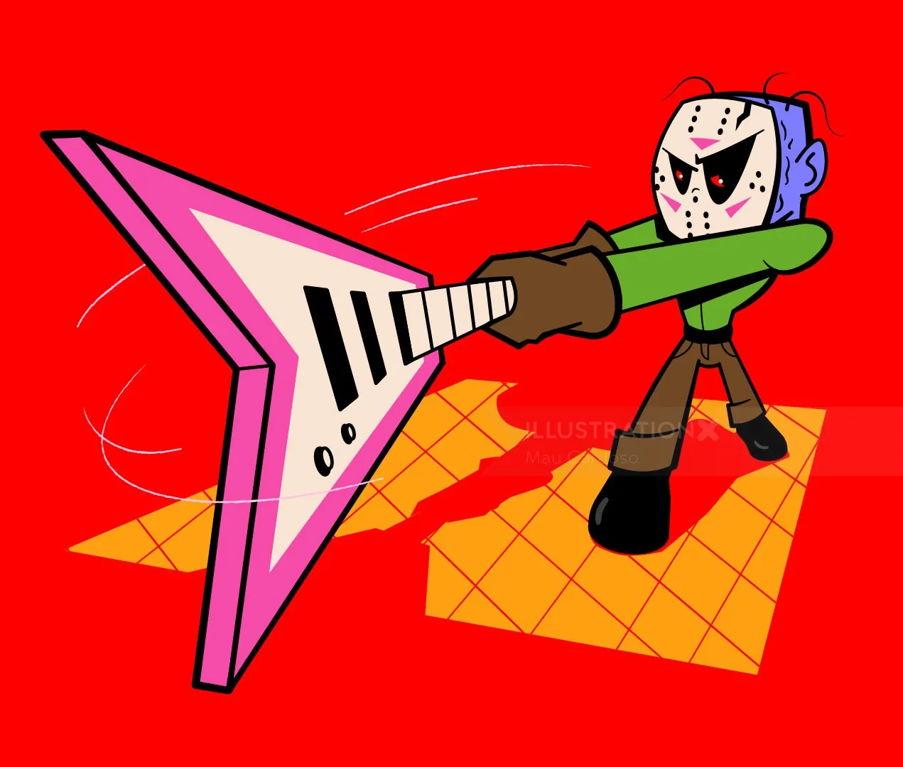 Cartoon figure wearing hockey mask playing pink electric guitar