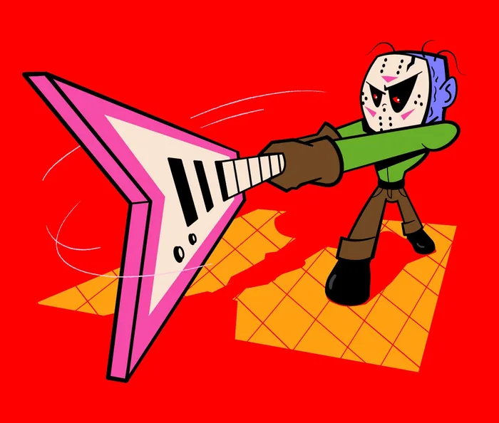 Cartoon figure wearing hockey mask playing pink electric guitar