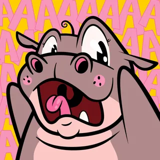 Cartoon hippo with mouth open and excited expression on colorful background
