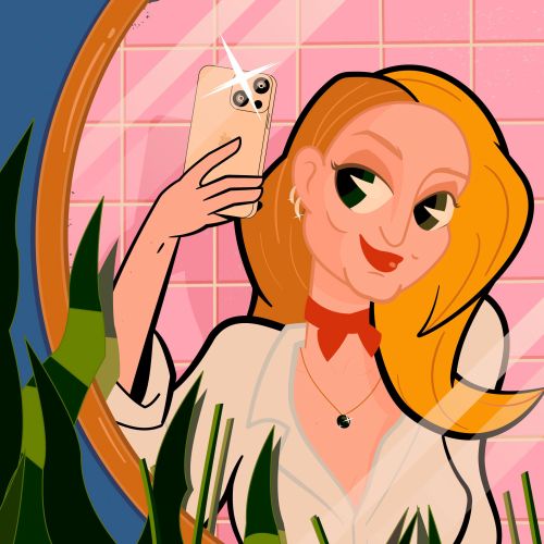 Woman with red hair taking selfie in mirror surrounded by plants