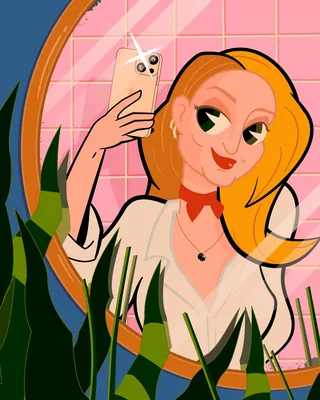 Woman with red hair taking selfie in mirror surrounded by plants