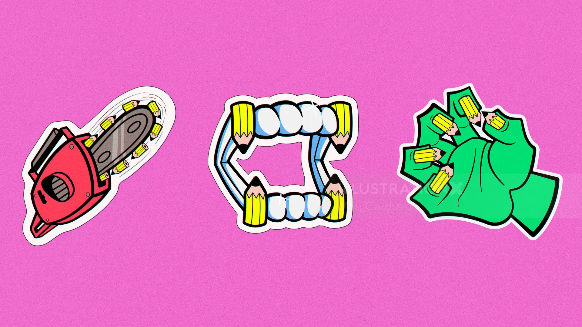 Stickers of a chainsaw, vampire teeth with pencils, and green hand holding money