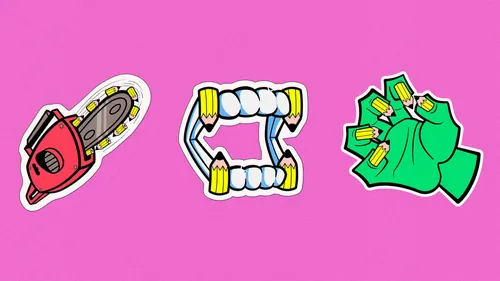 Stickers of a chainsaw, vampire teeth with pencils, and green hand holding money