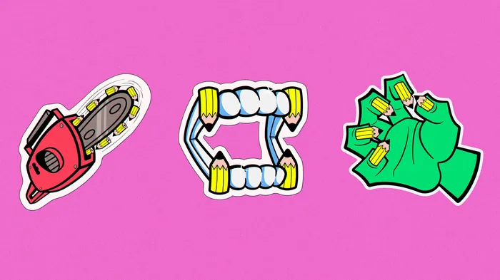 Stickers of a chainsaw, vampire teeth with pencils, and green hand holding money