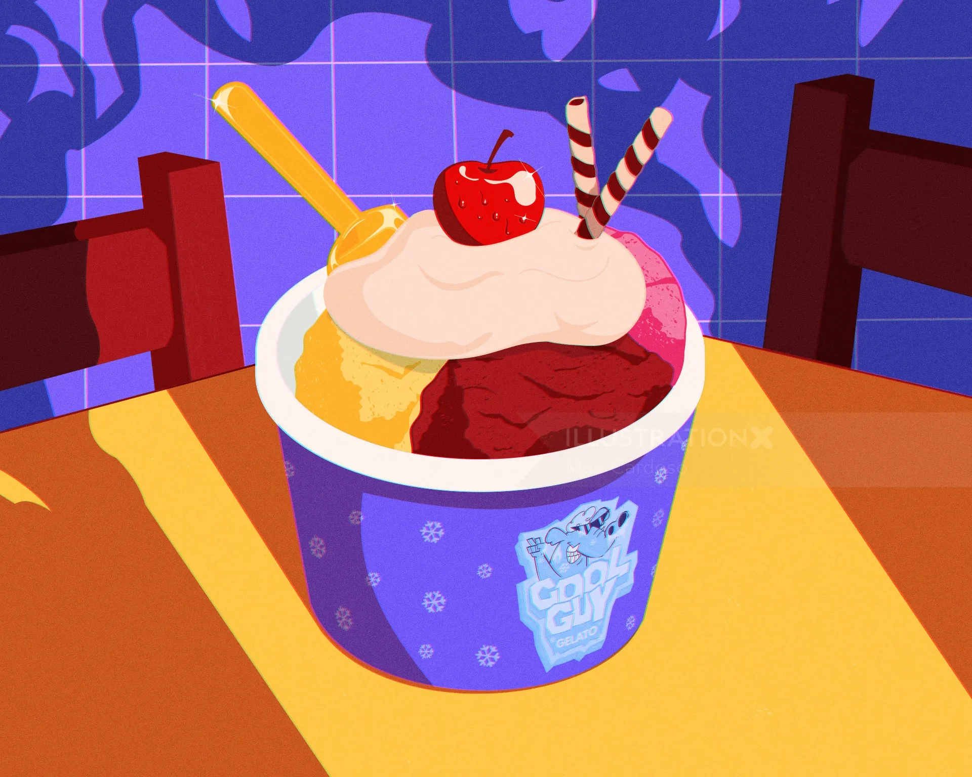Taza de helado cubierta con cerezas y palitos de oblea sobre la mesa