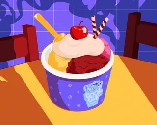 Cup of ice cream topped with cherry and wafer sticks on table