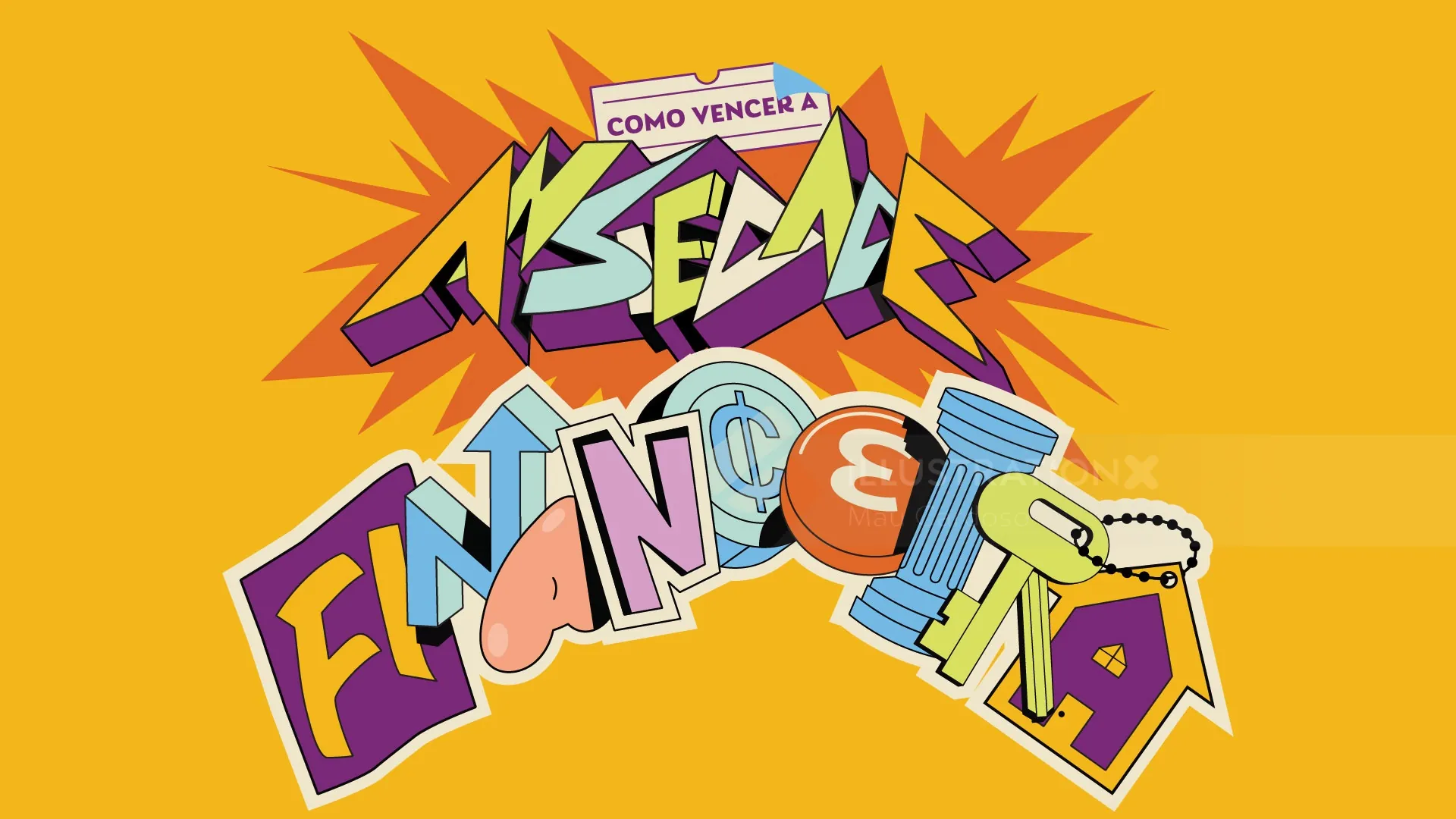 Comic-style colorful text saying 'Como Vencer a Falência' on orange background