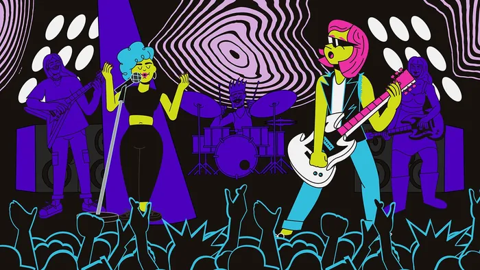 Illustration of a band performing live on stage with audience in foreground