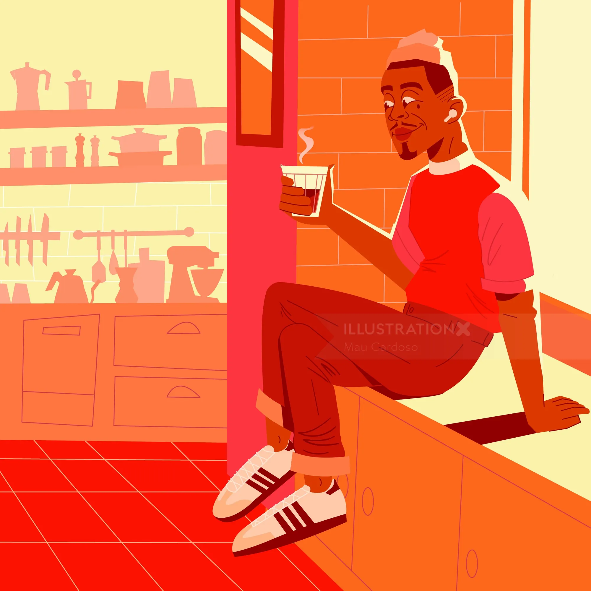 Hombre sentado en el mostrador de la cocina sosteniendo una taza de café