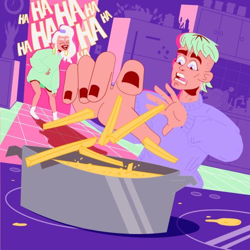 Person dropping fries in a pan with laughing figure in background