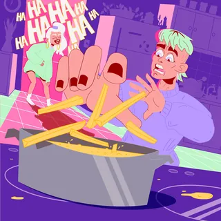 Person dropping fries in a pan with laughing figure in background