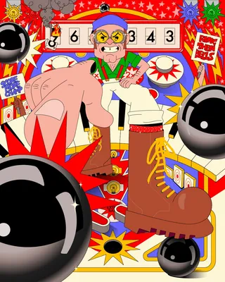 Pinball machine with an animated angry man, bombs, and bright colors