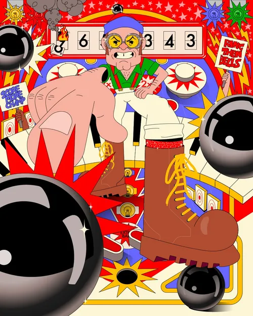 Pinball machine with an animated angry man, bombs, and bright colors