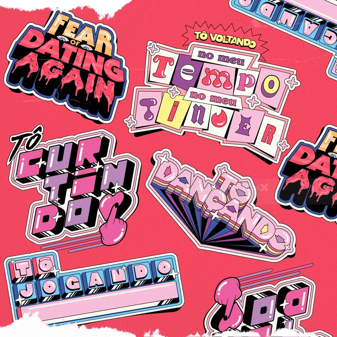 Pegatinas retro con frases sobre baile y ritmo en portugués.