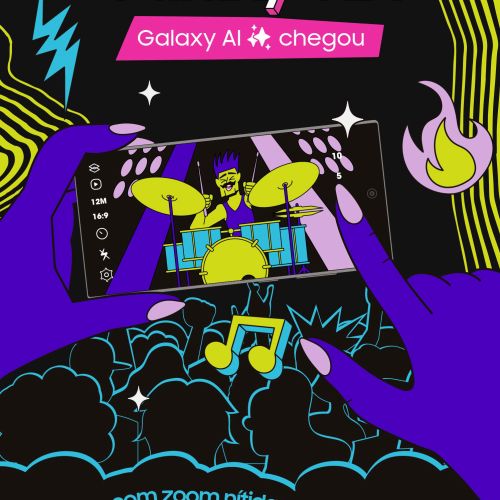 Illustration of Galaxy S24 phone capturing a drummer with night zoom AI