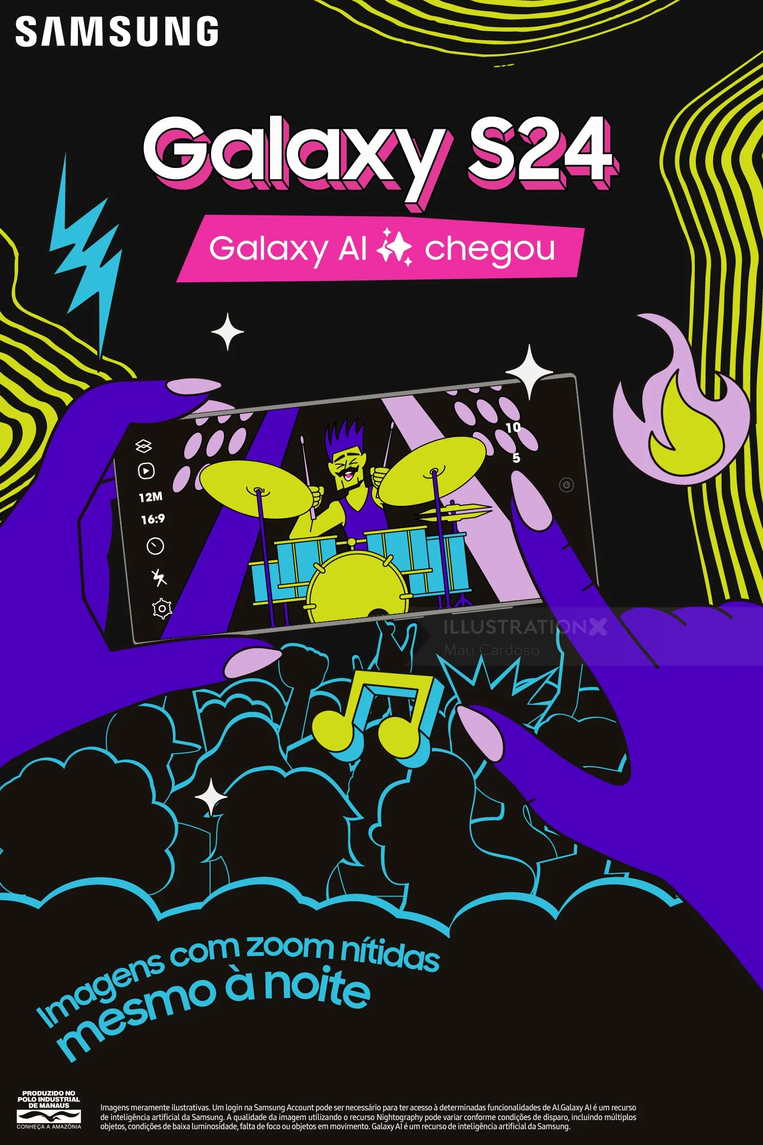 Illustration of Galaxy S24 phone capturing a drummer with night zoom AI