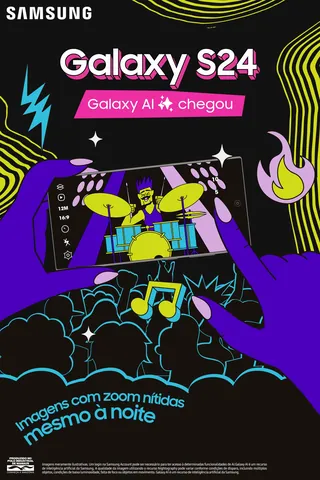 Illustration of Galaxy S24 phone capturing a drummer with night zoom AI