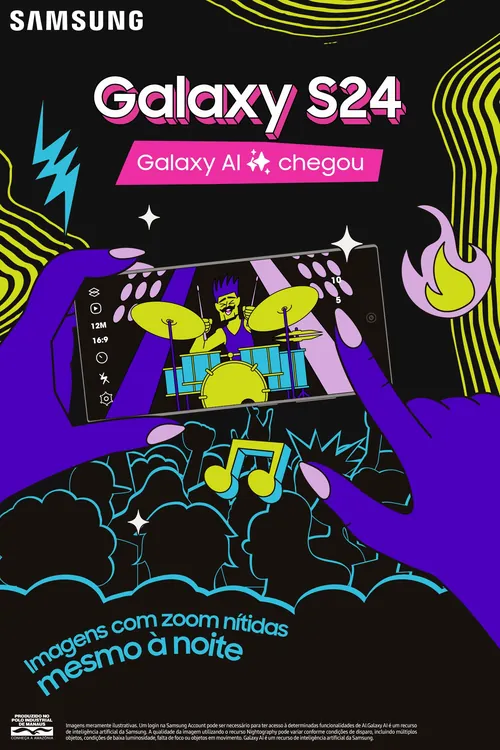Illustration of Galaxy S24 phone capturing a drummer with night zoom AI
