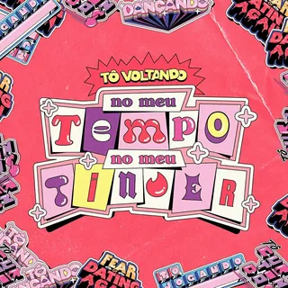 Sticker art with Portuguese text on pink background