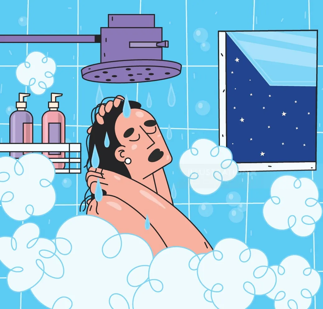 Hombre lavándose el cabello bajo la ducha con cielo nocturno visible