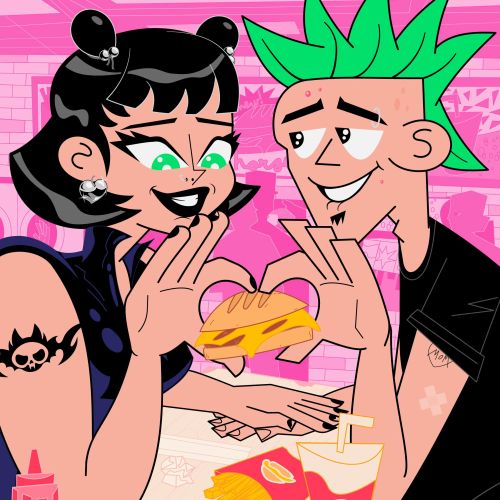 Cartoon couple happily sharing a burger and fries at fast food table