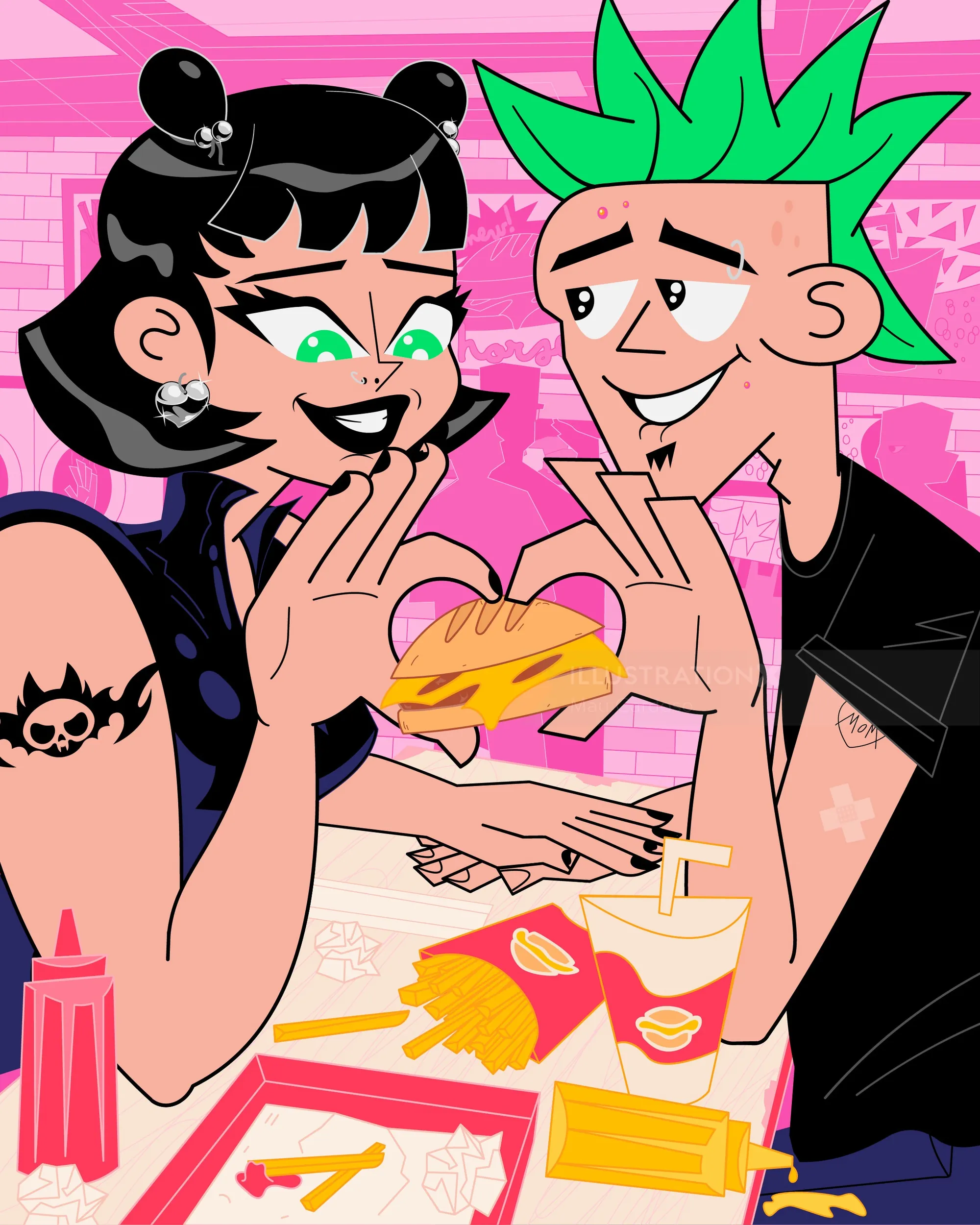 Una pareja de dibujos animados comparte felizmente una hamburguesa y papas fritas en una mesa de comida rápida.