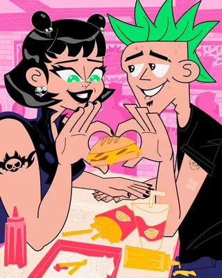 Cartoon couple happily sharing a burger and fries at fast food table