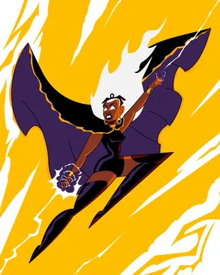 Woman with white hair and bat wings in action pose on orange background