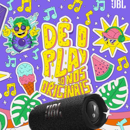 JBL portable speaker with tropical-themed colorful illustration background