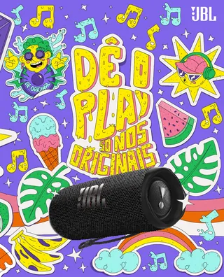 JBL portable speaker with tropical-themed colorful illustration background