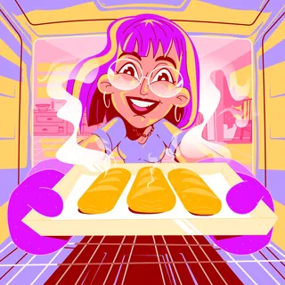 Smiling woman holding tray with baked bread rolls in oven