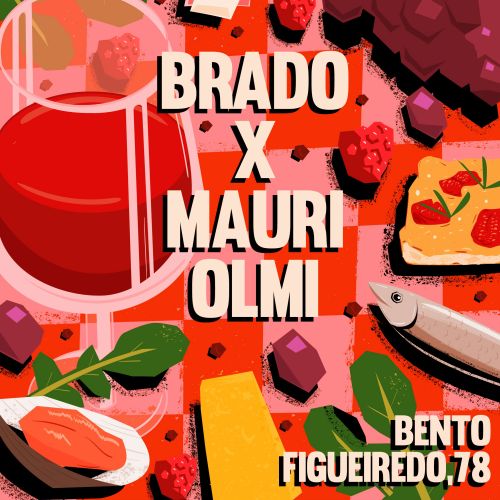 Event poster with food illustrations and text Brado x Mauri Olmi 21/07 19H