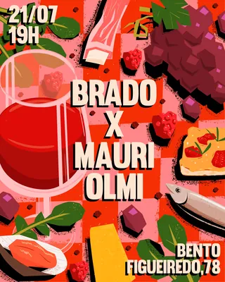 Event poster with food illustrations and text Brado x Mauri Olmi 21/07 19H