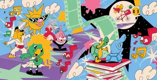 Cartoon animals dancing and playing music near books and film reels