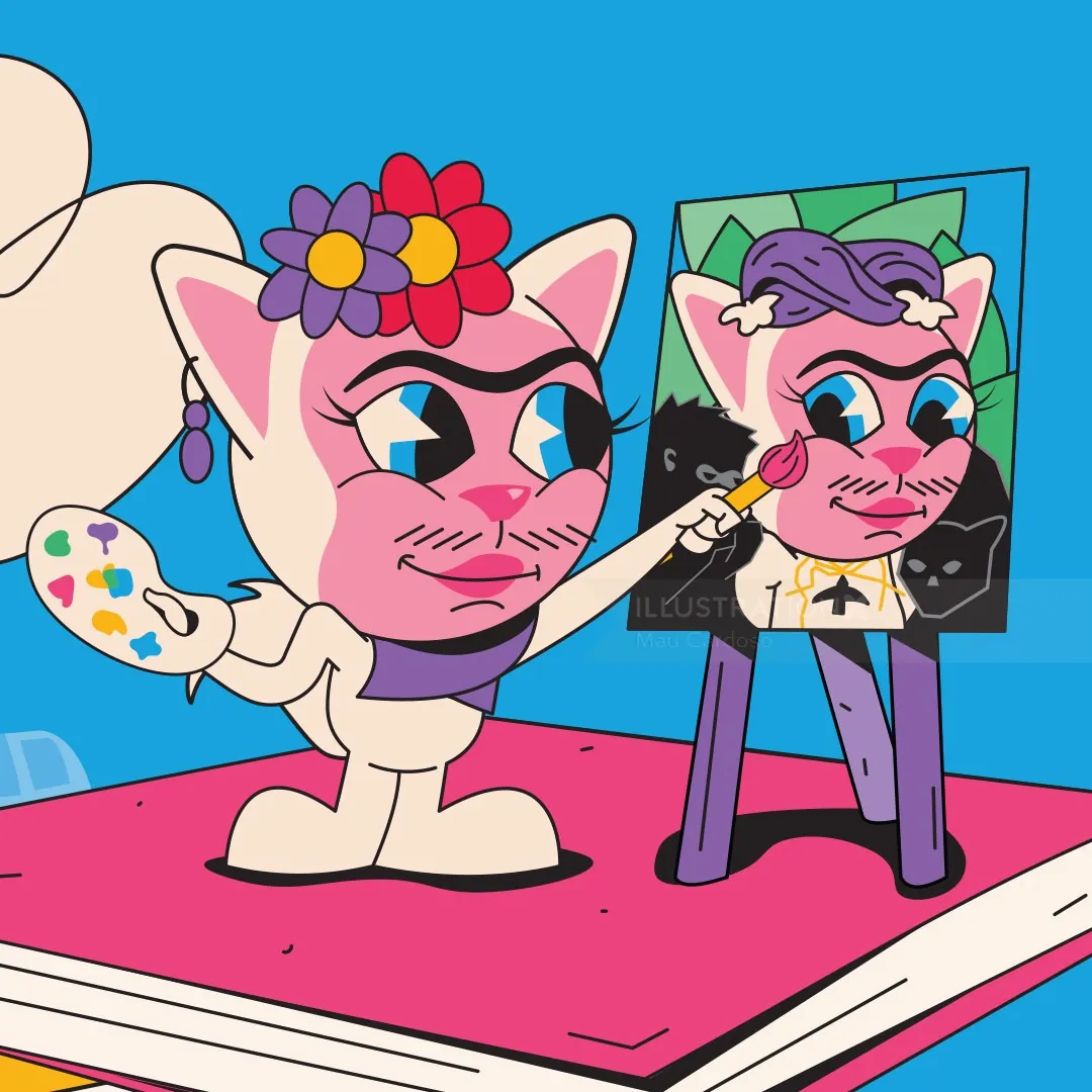 Gato de dibujos animados pintando un autorretrato con flores en la cabeza.